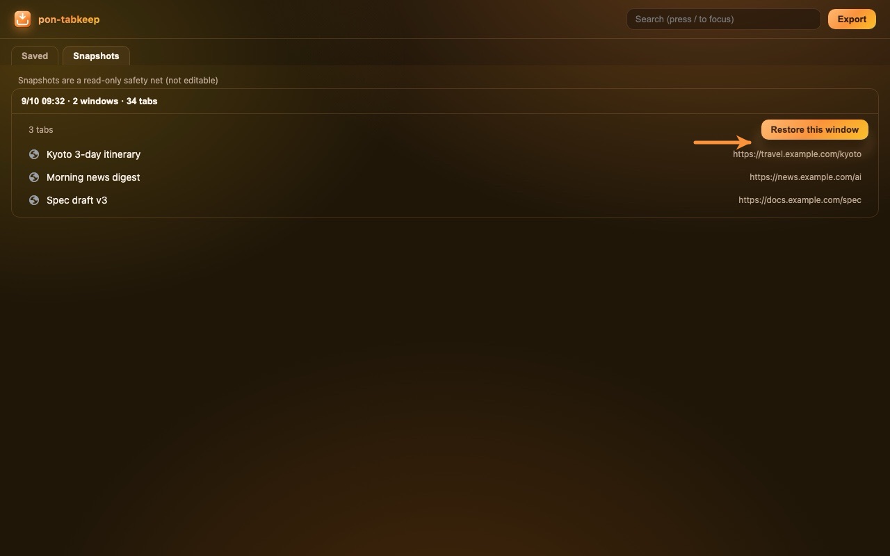 Snapshot timeline with a Restore this window button for each saved window